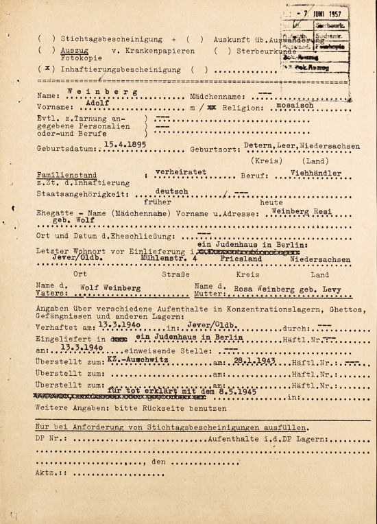 Suchanfrage beim International Tracing Service zum Verbleib von Adolf Weinberg, 1957. Quelle: TD-Akte Adolf Weinberg, 6.3.3.2 / 103797077, ITS Digital Archive, Arolsen Archives